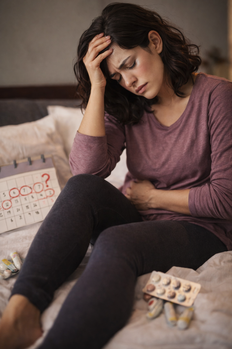 Create a photo of a woman that relates to woman's Sleep disturbances and mood changes